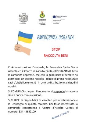 Emergenza Ucraina - Stop raccolta beni